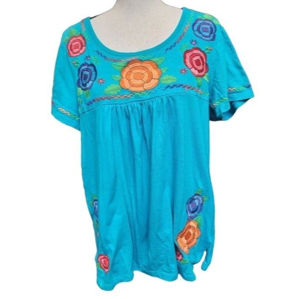 South Main Blue Embroidered Short Sleeve Boho Blouse Size XL